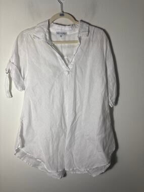 100% Lin Blanc White Short Sleeve Linen V-Neck Tunic Sz 46